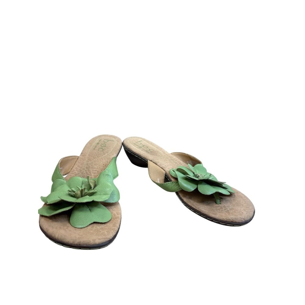 B.O.C Womens Green Beige Leather Floral Slip-On Sandals Size 9 SKU8136